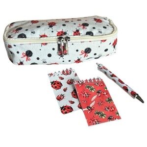 Ladybug Print Kids Corduroy Pencil Case Set with 2 Lady Bug Pads and Ladybug Pen